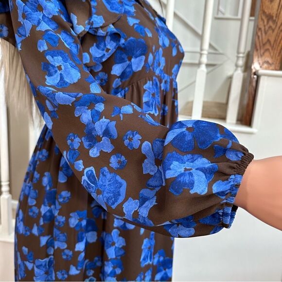 Adorable brown blue floral peasant midi dress - Picture 7 of 12